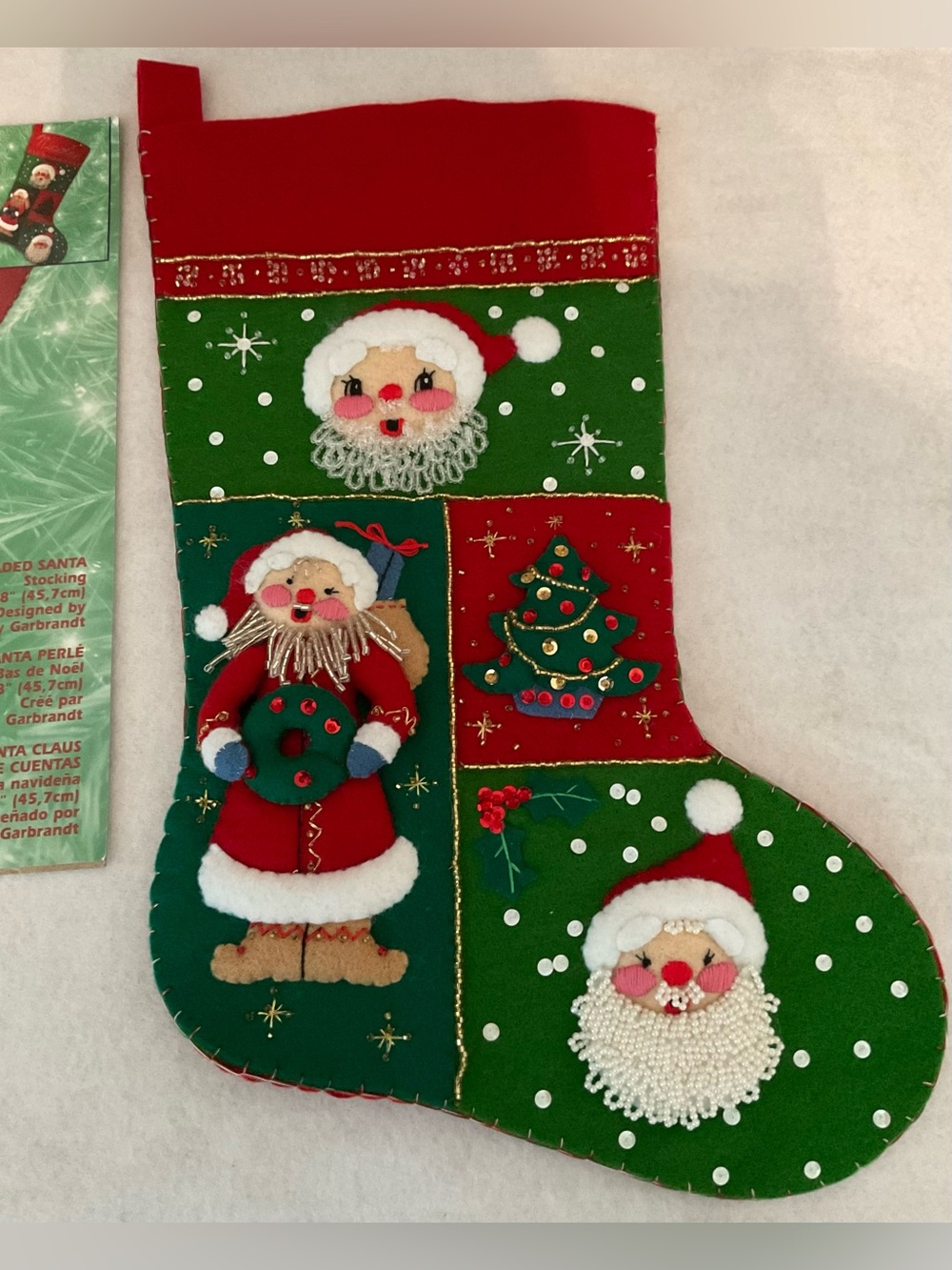Beautiful vintage Bucilla “Jolly Beaded Santa” Christmas Stocking dating 2001